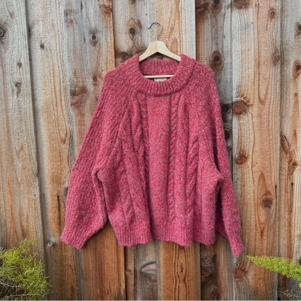 Red Cable Knit Pullover Cropped Sweater 🌿
